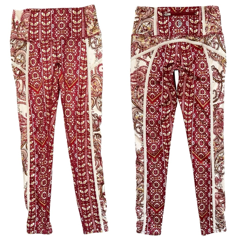 Free People Movement “Your A Peach” Boho Paisley Red Combo Leggings Size XS